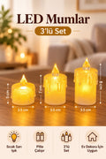 LED Mum 3'lü Set Pilli Dekoratif Mum 5-7-8 cm 3,5 cm Çap