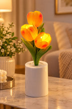 3’lü LED Lale Çiçek Dekoratif Masa Lambası 25 cm Pilli Yapay Çiçek Gece Lambası 7 cm Taban Çapı Ev Salon Yatak Odası Dekoru