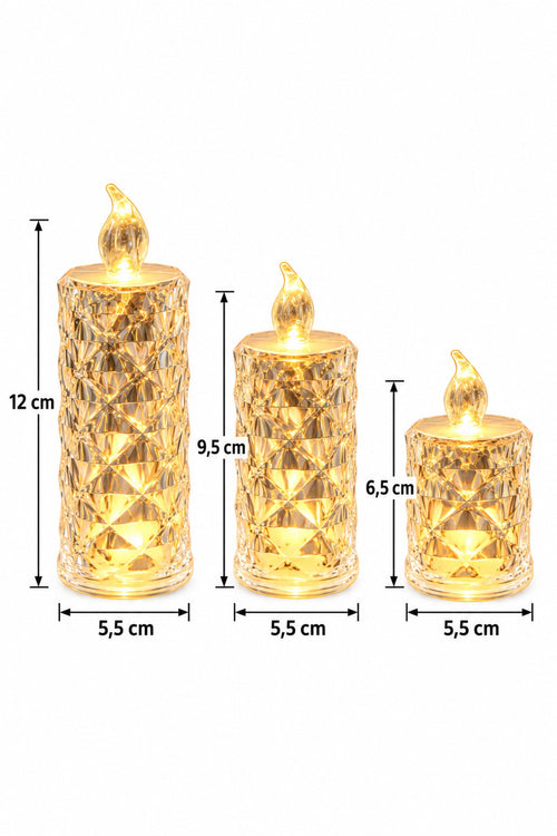 3'lü Kristal Görünümlü LED Mum Seti - 5,5 cm Çap
