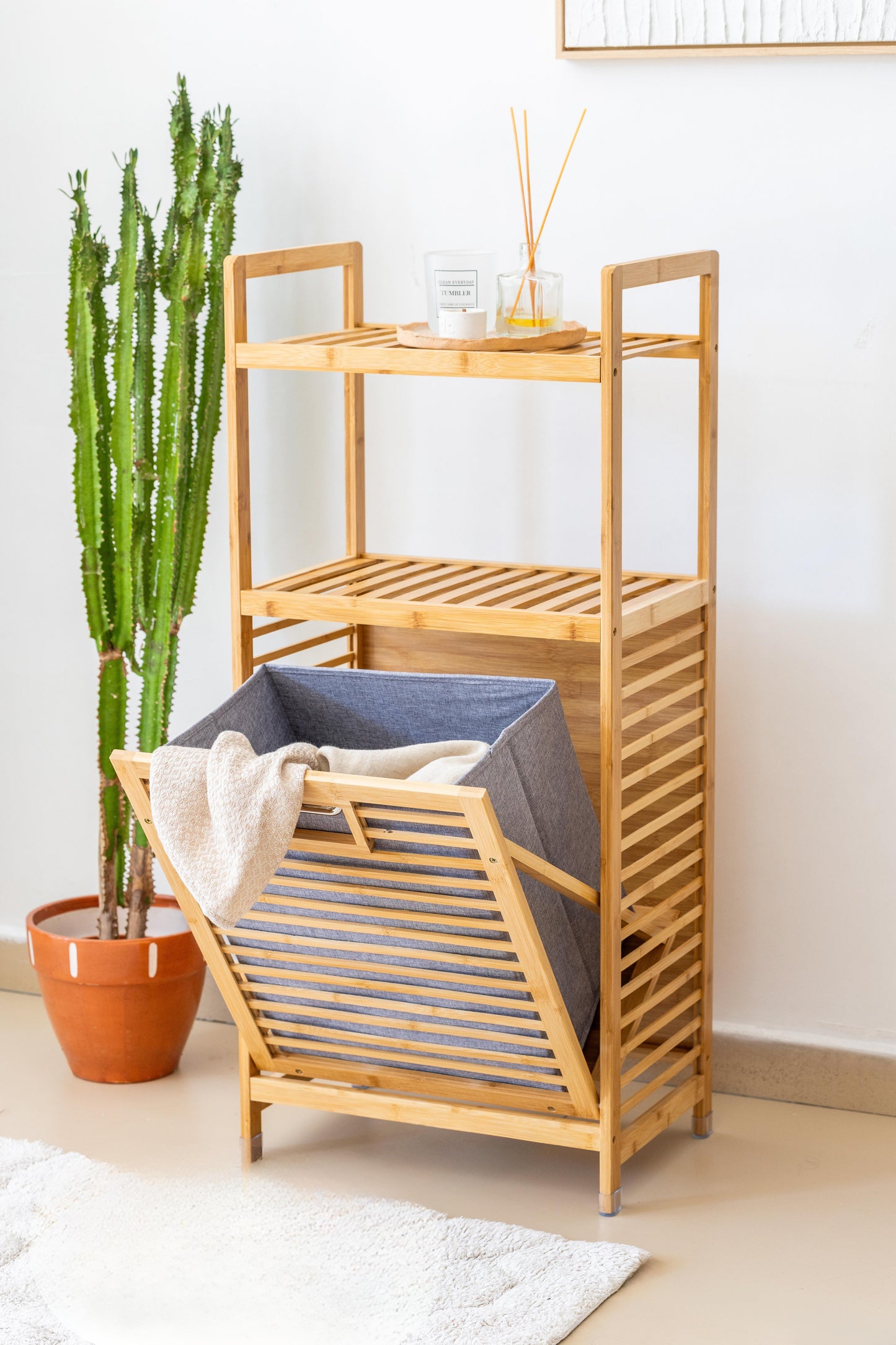Bambu Kirli Sepetli Dolap, 2 Katlı, Çamaşır Sepeti, Banyo Dolabı